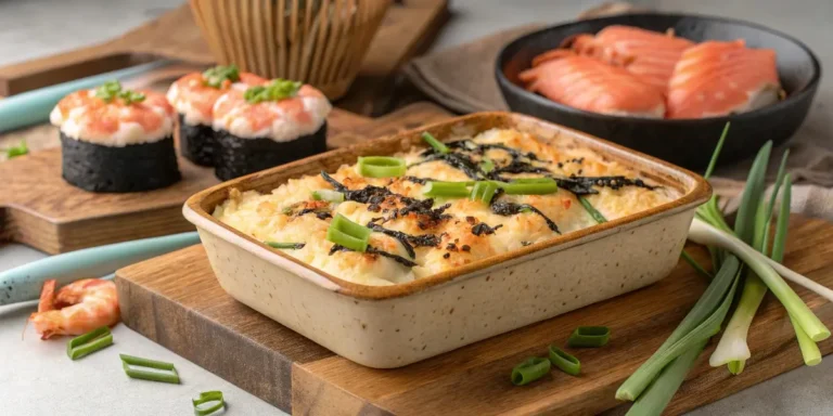 Golden bubbly sushi bake casserole topped with creamy sriracha-mayo, crispy seaweed flakes, and scallions on a rustic wooden board.