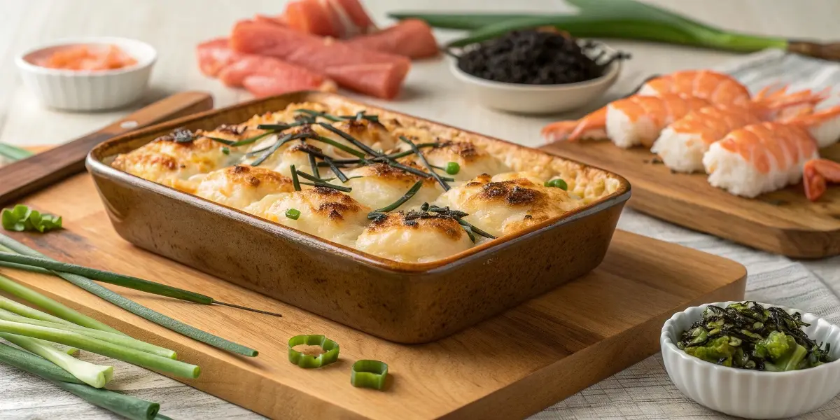 Close-up of Filipino sushi bake baked in a casserole dish, showcasing creamy topping, furikake seasoning, and tender seafood layers.