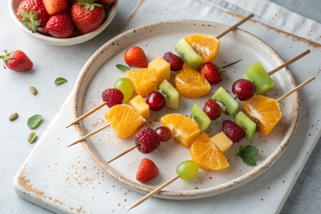 Microwave Tanghulu-collection of fruit skewers featuring grapes, strawberries and oranges.