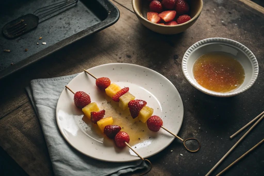 Visual representation of the Microwave Tanghulu making process, showing fruit skewers being dipped in sugar syrup.