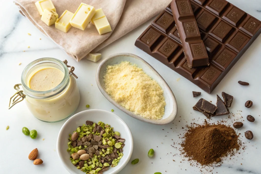 Ingredients for Dubai Chocolate Bar: milk chocolate, kunafa, pistachio paste, butter, tahini, and sea salt.