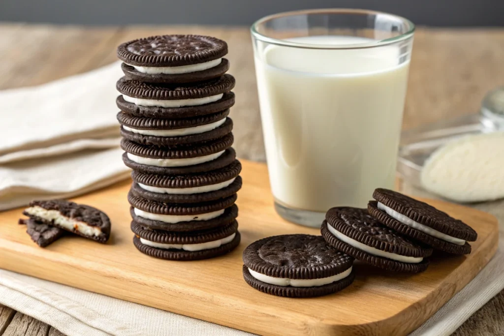 what does the O in Oreo stand for-A stack of classic Oreo cookies with cream filling, placed on a wooden surface with a glass of milk beside them.