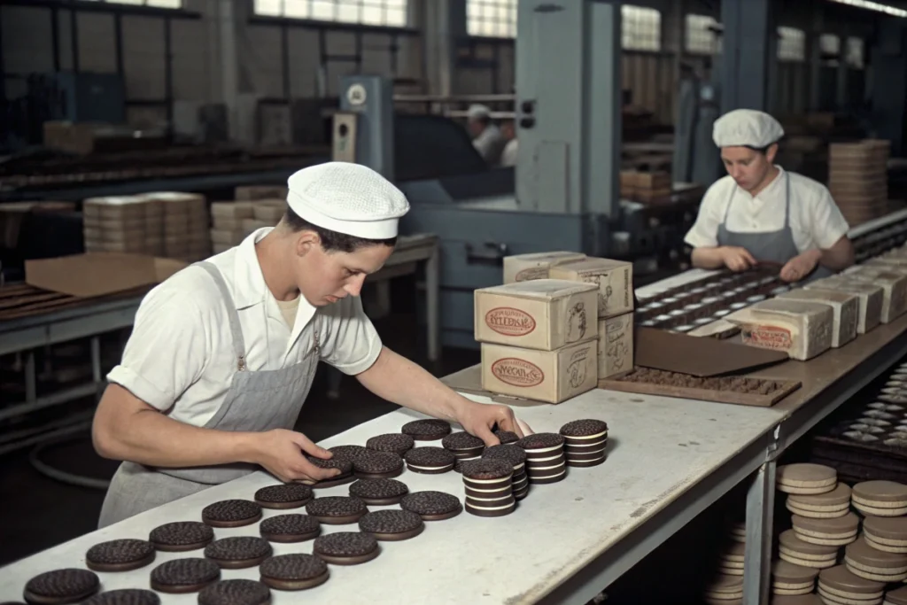 what does the O in Oreo stand for-A vintage Nabisco factory with workers assembling and packaging Oreo cookies, showcasing the brand’s historical origins.