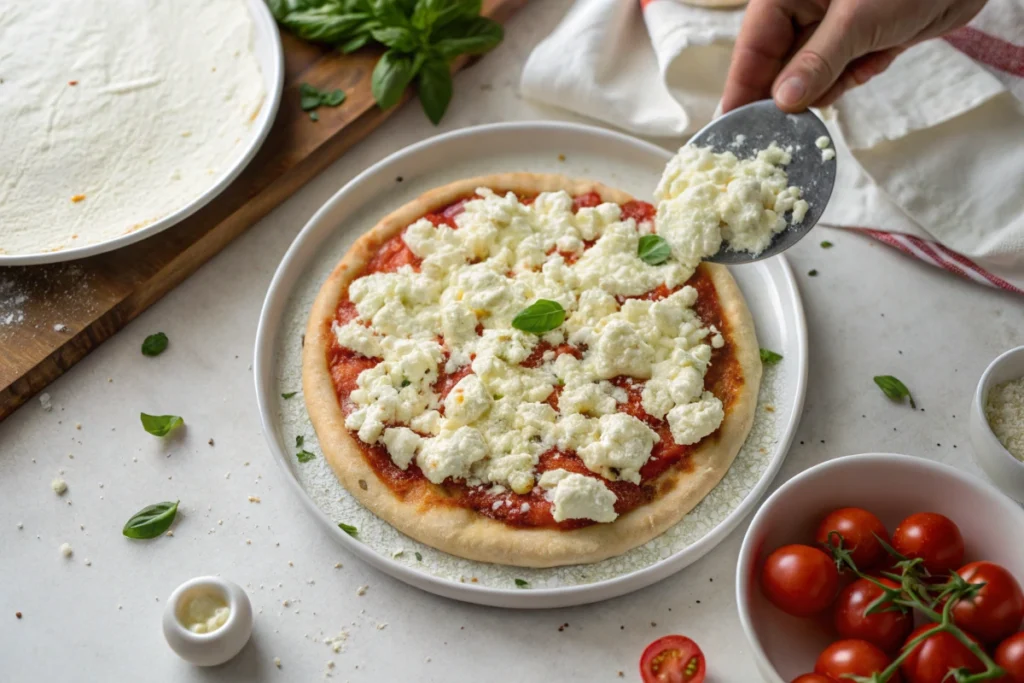 Cottage Cheese Pizza - Step-by-step process: Spreading cottage cheese mixture on pizza crust for making Cottage Cheese Pizza