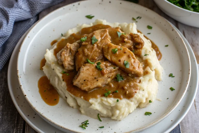 Chicken and Gravy Crockpot - A delicious serving of crockpot chicken and gravy over mashed potatoes.