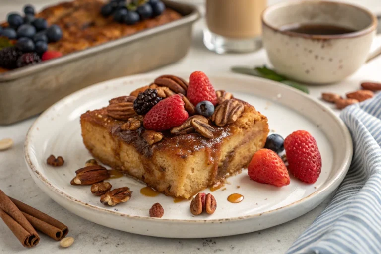 Decadent Caramelized Pecan French Toast Bake - A delicious and vibrant Pecan French Toast Bake ready to serve