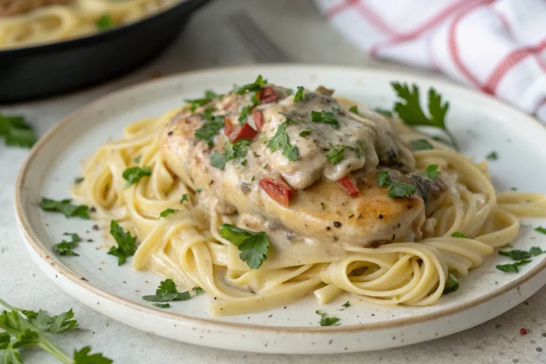 Olive Garden Crockpot Chicken - A creamy and delicious Olive Garden Crockpot Chicken served over pasta.