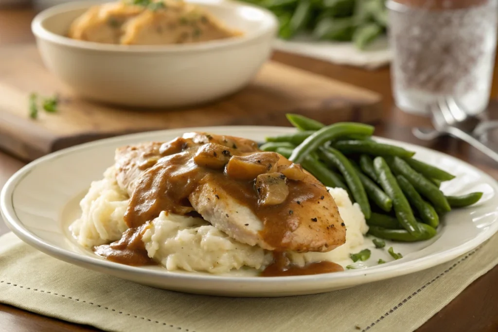 Chicken and Gravy Crockpot FAQs - Finished Chicken and Gravy Crockpot served with mashed potatoes and green beans.