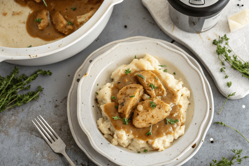 Chicken and Gravy Crockpot - Finished Chicken and Gravy Crockpot ready to serve