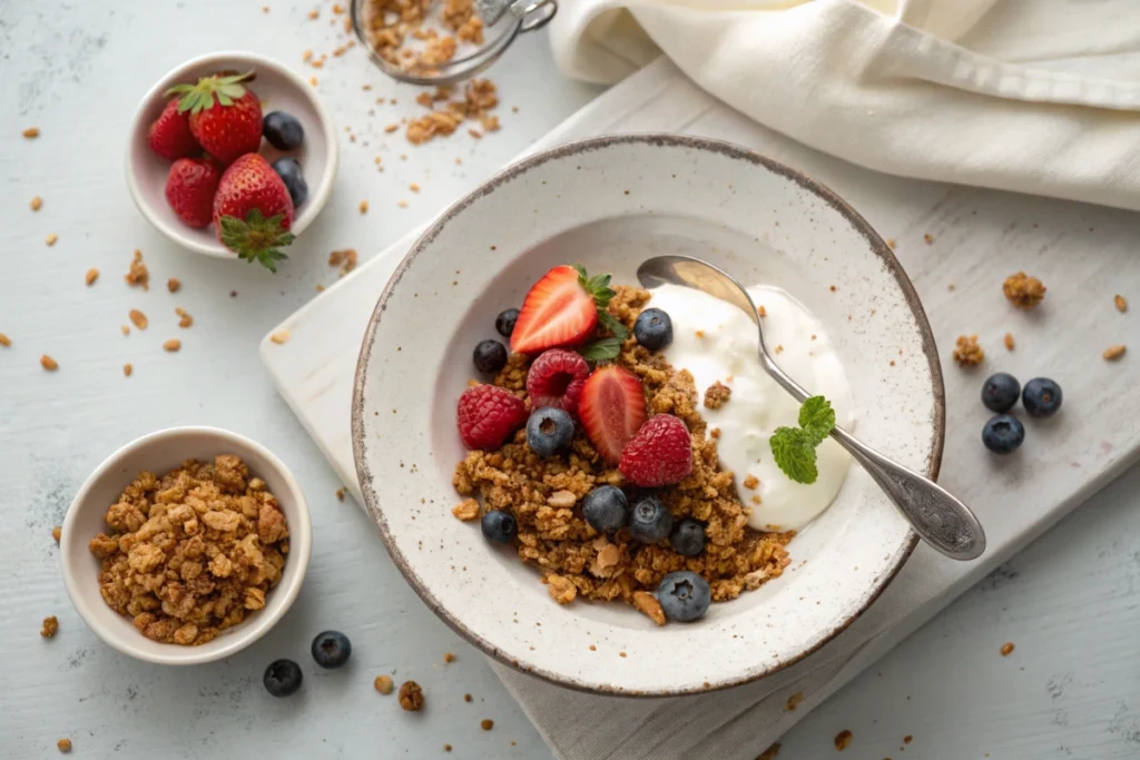 Crunchy Vanilla Granola Recipe - Finished Crunchy Vanilla Granola served with yogurt and fresh berries