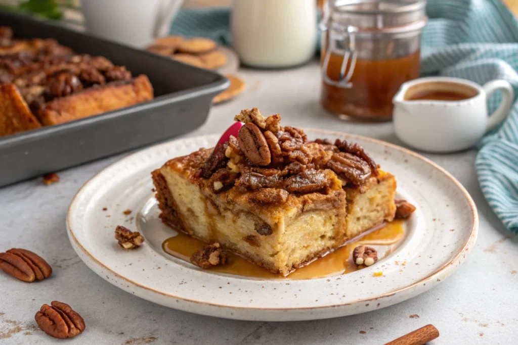 Decadent Caramelized Pecan French Toast Bake - Finished Pecan French Toast Bake ready to serve