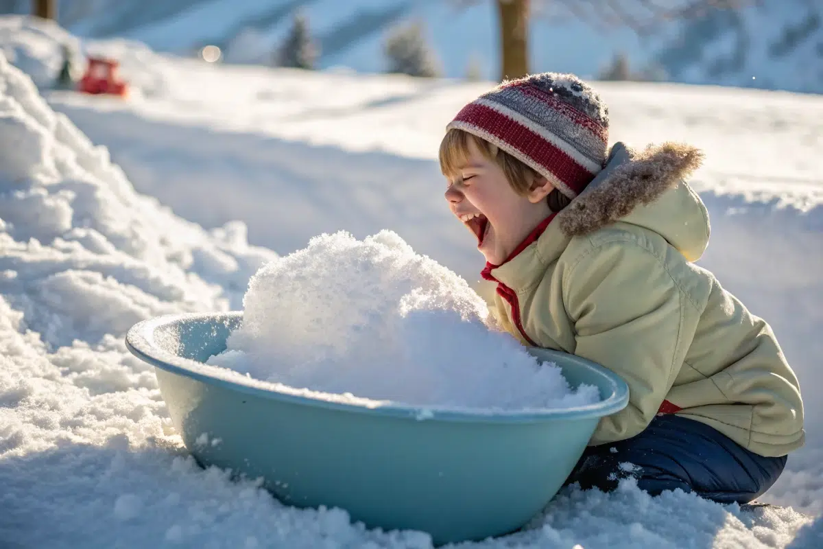 Gathering fresh snow for homemade snow cream recipe.