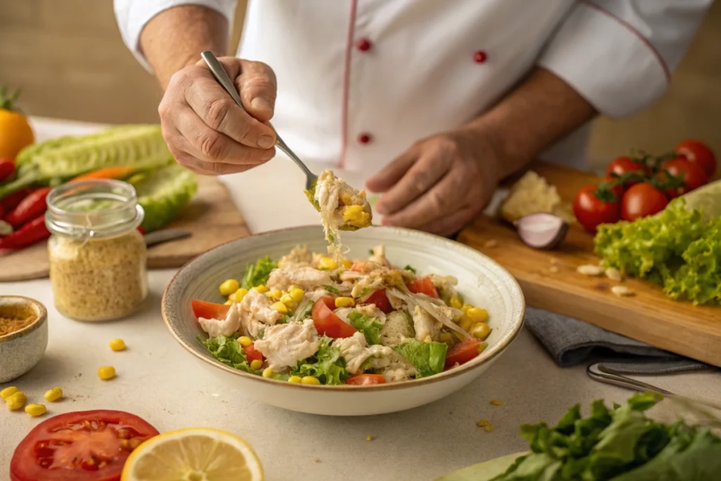 Canned Chicken Salad - Step-by-step process: Mixing ingredients for making Canned Chicken Salad