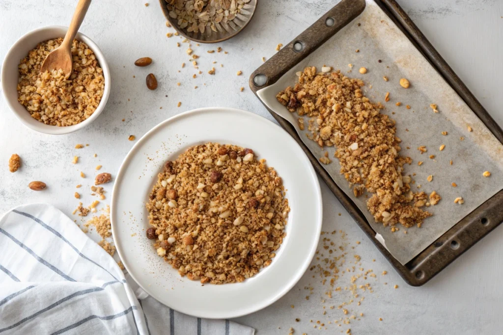 Crunchy Vanilla Granola Recipe - Step-by-step process: Spreading granola mixture on a baking sheet for making Crunchy Vanilla Granola Recipe