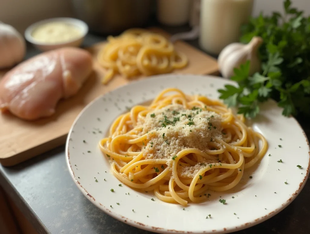 Garlic Parmesan Chicken Pasta - Step-by-step process: Preparing ingredients for making Garlic Parmesan Chicken Pasta