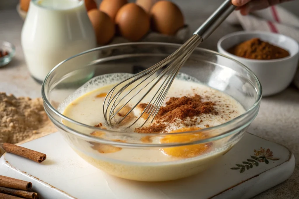 Decadent Caramelized Pecan French Toast Bake - Step-by-step process: Whisking the custard mixture for making Pecan French Toast Bake