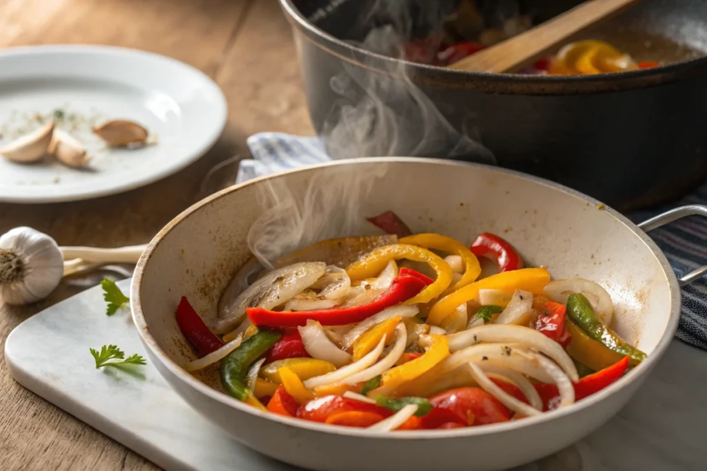Ground Chicken Chili - Step-by-step process: Sautéing vegetables (onions, garlic, peppers) for making Ground Chicken Chili.