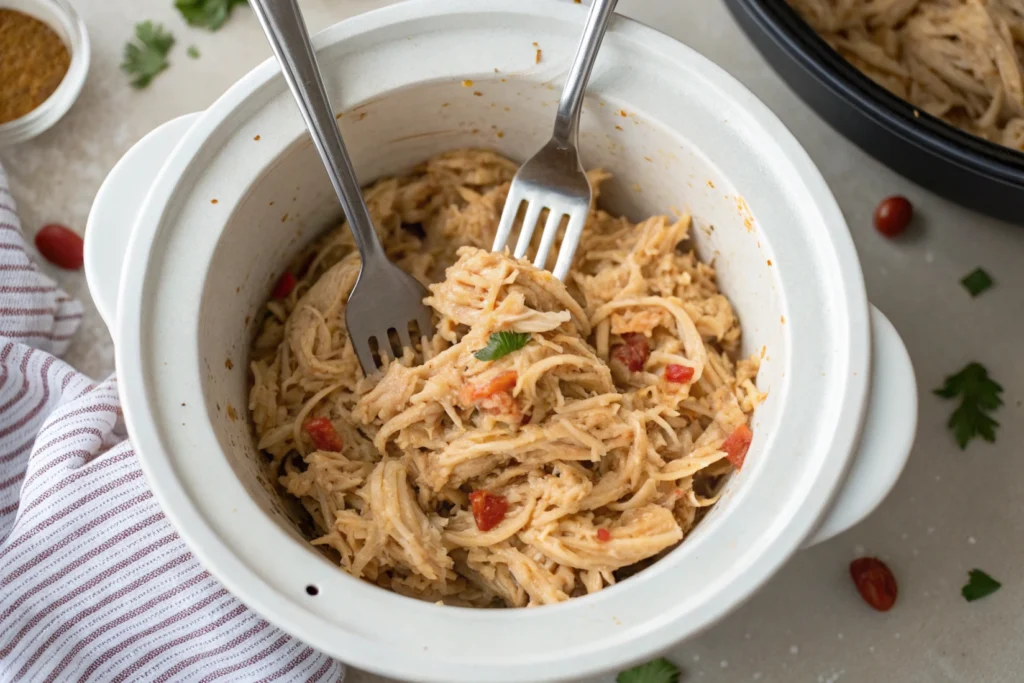 Olive Garden Crockpot Chicken - Step-by-step process: Shredding cooked chicken in the Olive Garden Crockpot Chicken recipe