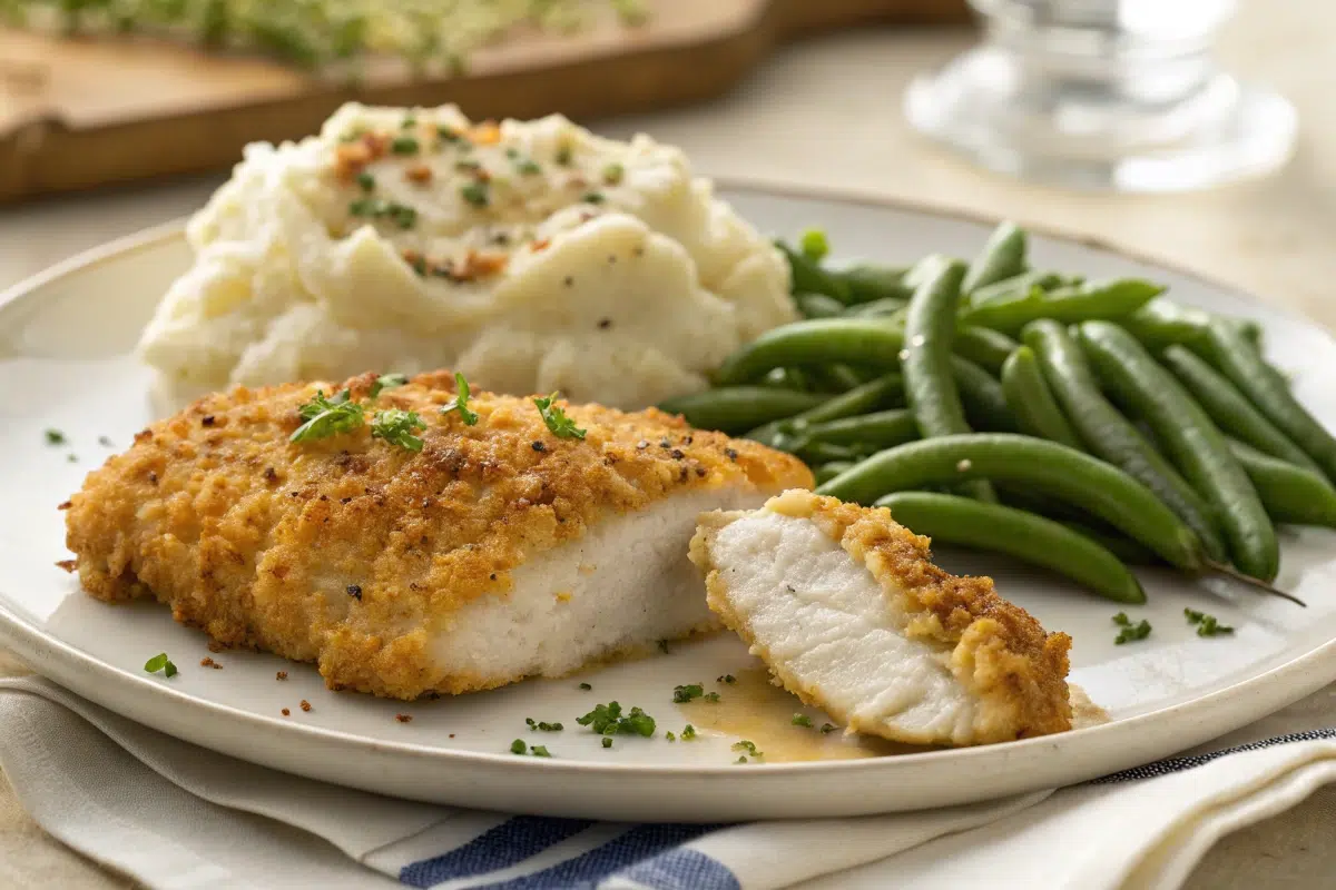 Ready to enjoy a juicy slice of Longhorn Parmesan Crusted Chicken on a plate