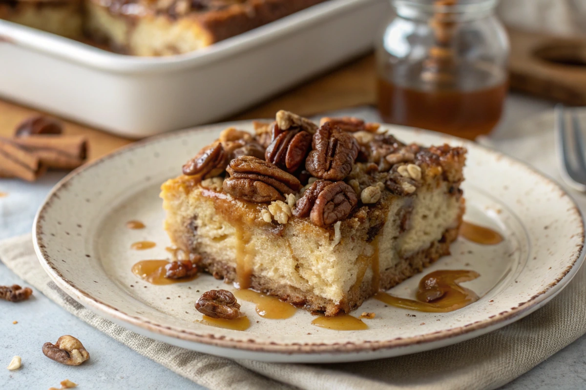Decadent Caramelized Pecan French Toast Bake - A delicious and vibrant Pecan French Toast Bake ready to serve