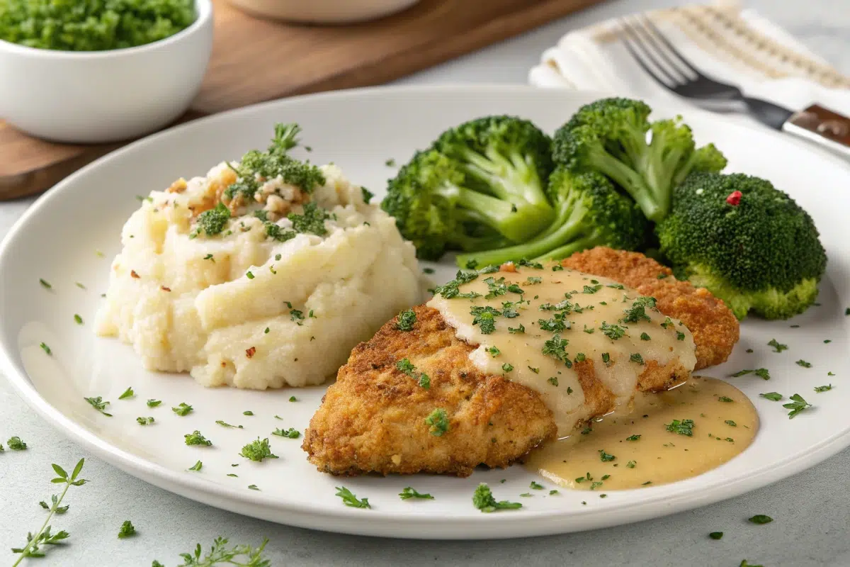 Longhorn Parmesan Crusted Chicken served with mashed potatoes and broccoli