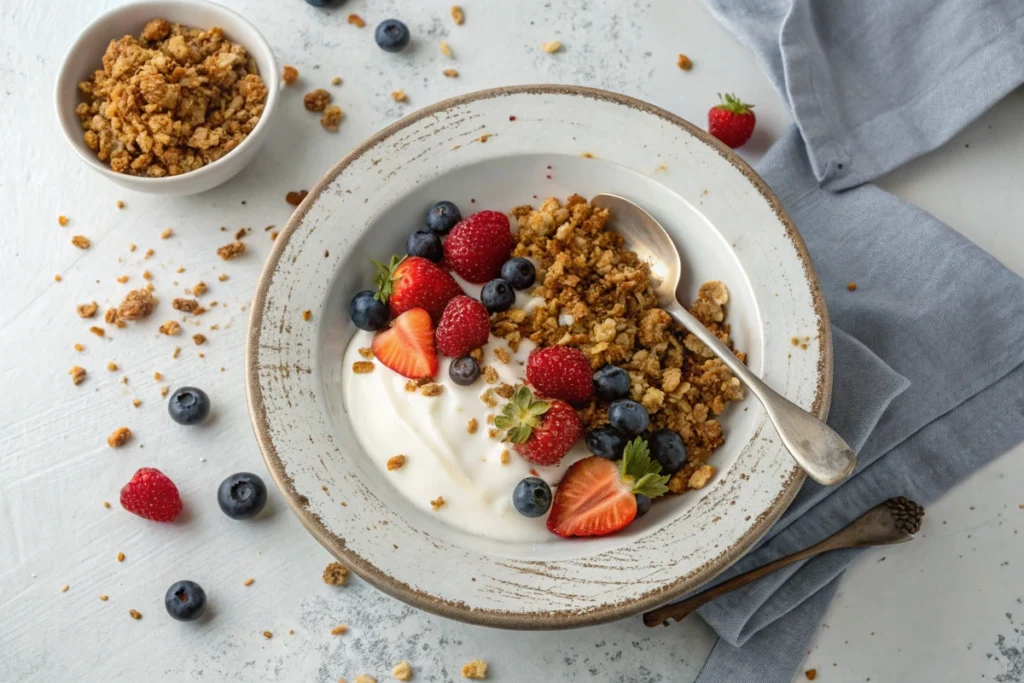 Crunchy Vanilla Granola Recipe - A bowl of golden-brown Crunchy Vanilla Granola with milk and berries.