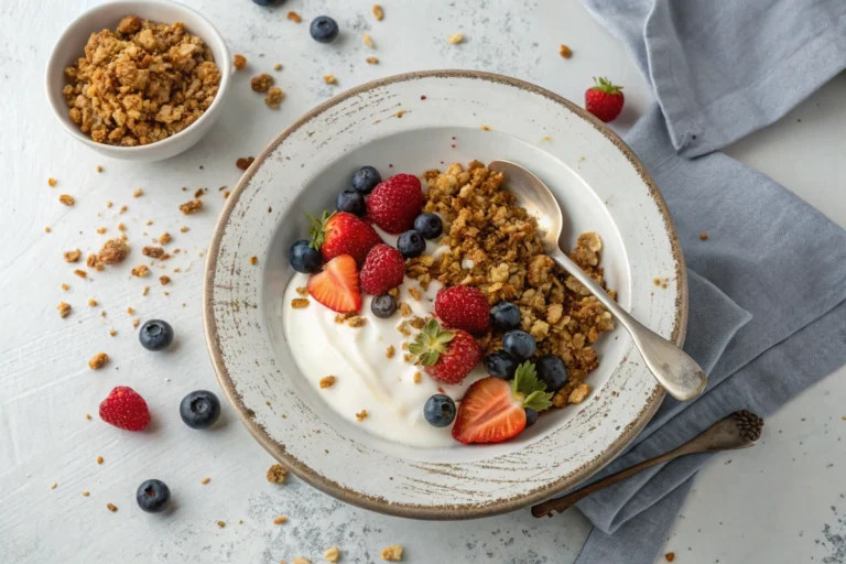 Crunchy Vanilla Granola Recipe - A bowl of golden-brown Crunchy Vanilla Granola with milk and berries.