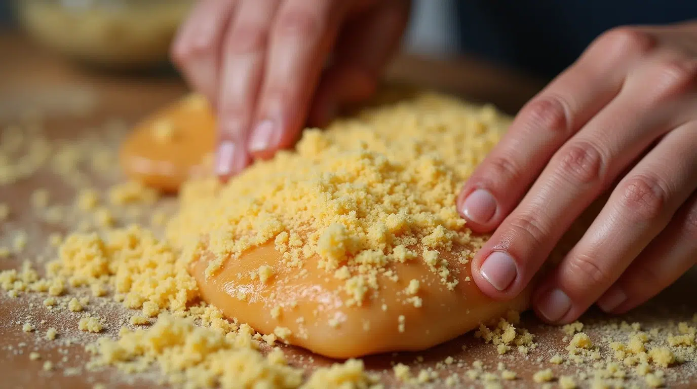 Coating chicken breast with Parmesan crust for Longhorn Parmesan Crusted Chicken.