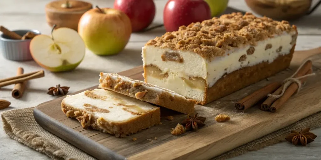 Sliced apple crisp cheesecake bread showing creamy cheesecake layer, cinnamon apple chunks, and golden crumb topping on wooden board