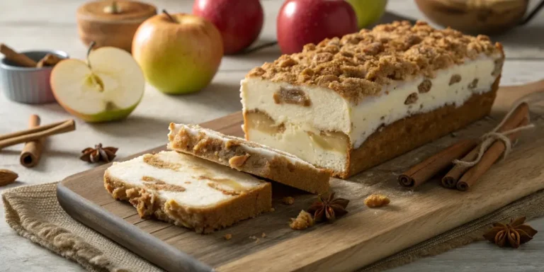 Sliced apple crisp cheesecake bread showing creamy cheesecake layer, cinnamon apple chunks, and golden crumb topping on wooden board