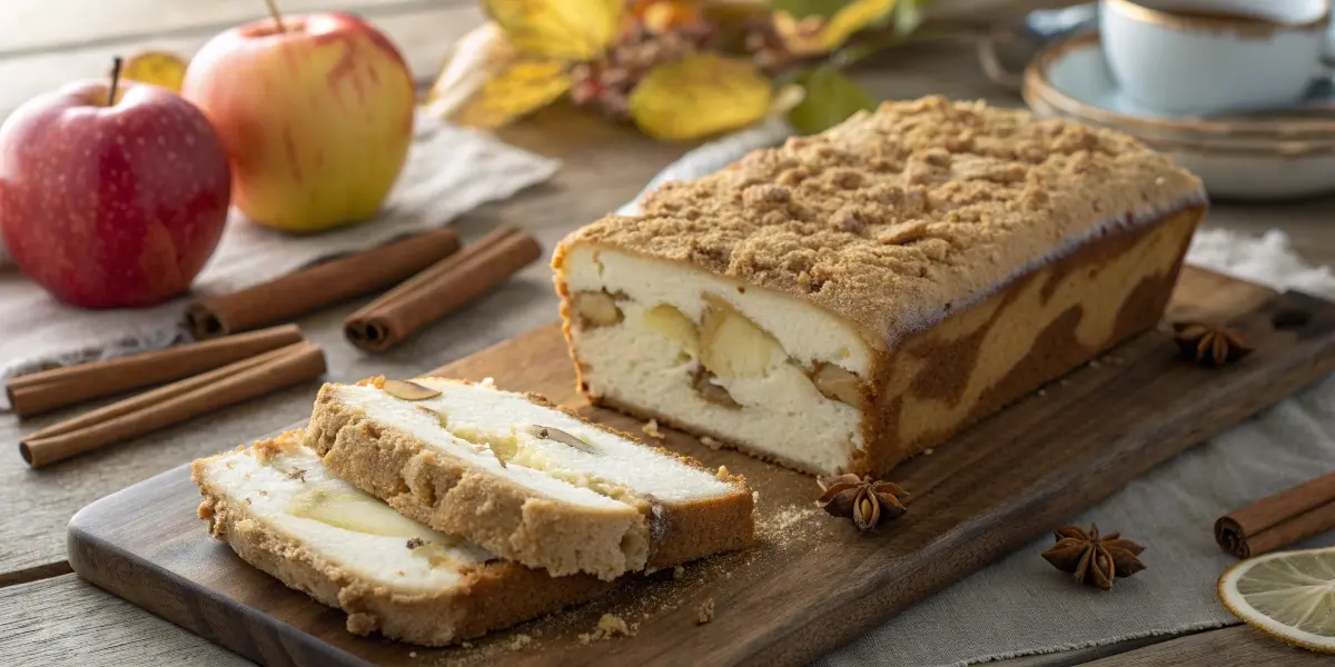 Plate of thick apple crisp cheesecake bread slices showcasing cream cheese filling and spiced apple crumble