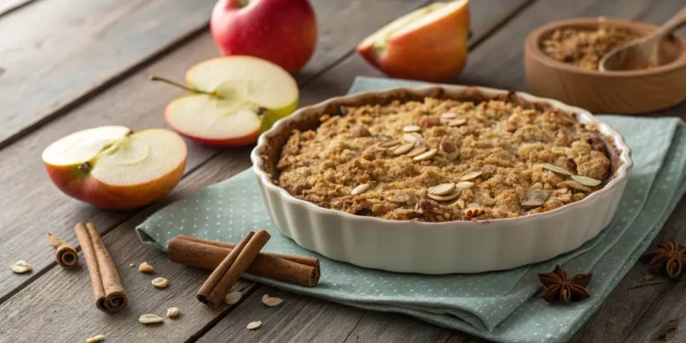 Apple crisp recipe with oats showcasing golden oat topping over tender cinnamon-spiced baked apples in a rustic baking dish.