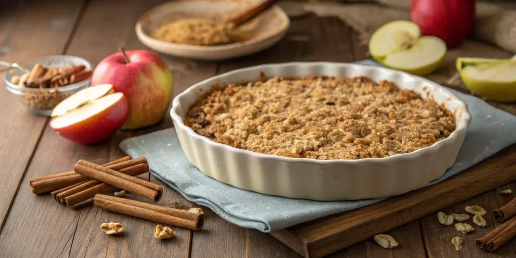 Close-up shot of apple crisp recipe with oats topping, displaying textured oat mixture and baked apple filling.