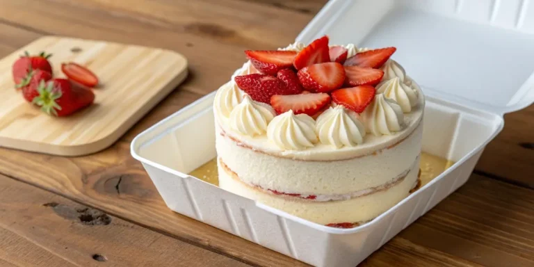 Bento cake recipe with whipped cream and fresh strawberries in a white Bento box on rustic wooden table