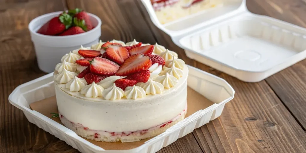 Hero image of a vanilla Bento cake recipe topped with fresh strawberries and whipped cream in a white Bento box