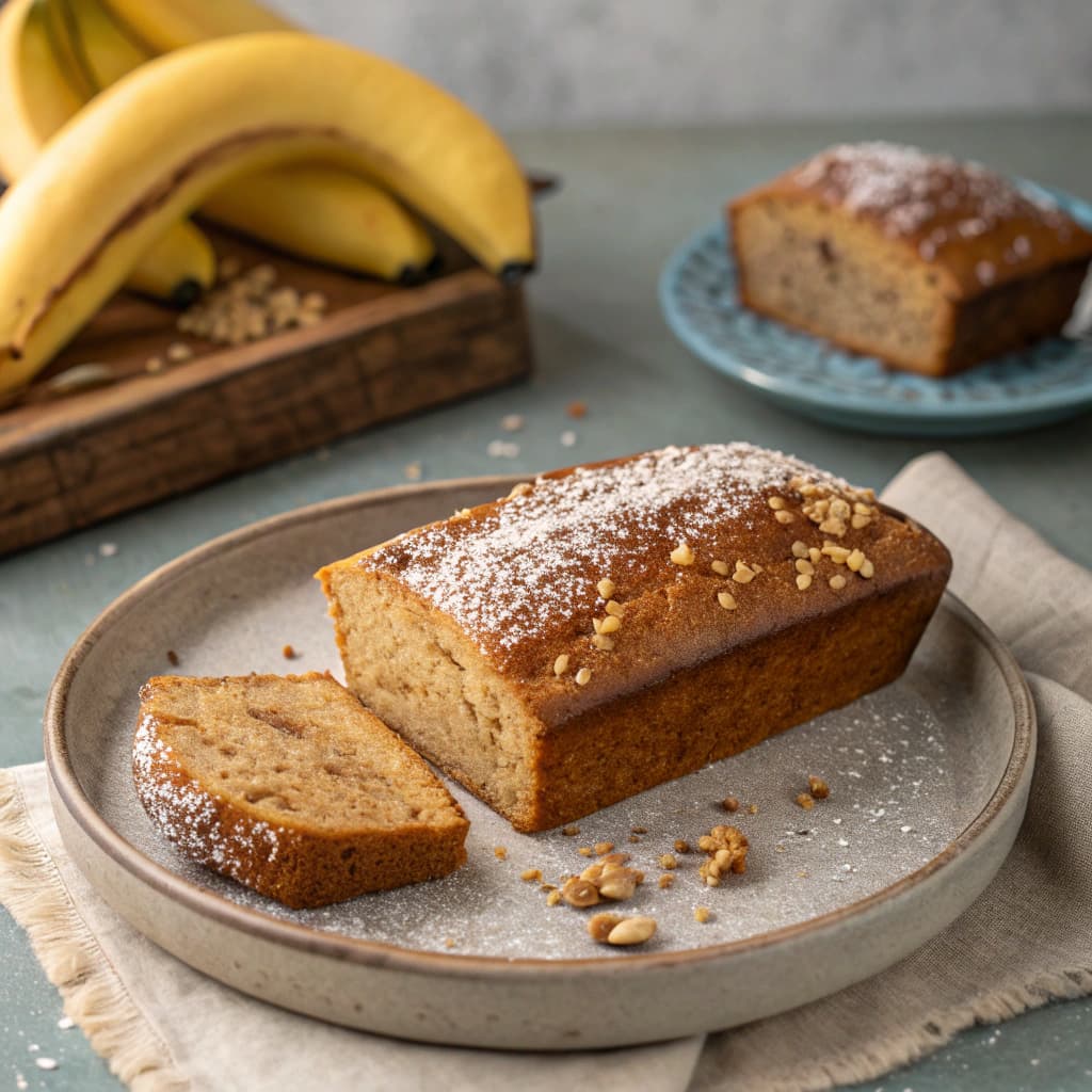 Golden slice of moist blender banana bread on a rustic plate next to a whole loaf and ripe bananas