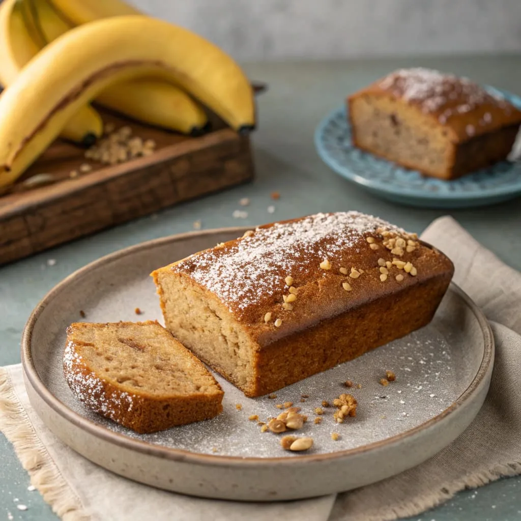 Golden slice of moist blender banana bread on a rustic plate next to a whole loaf and ripe bananas