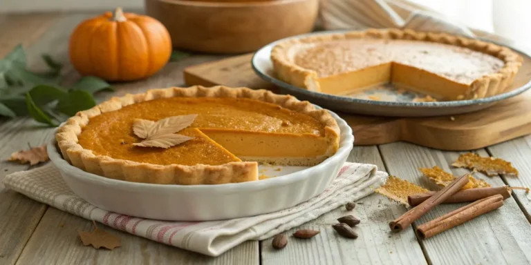 Sliced pumpkin pie on a plate with a freezer storage box in the background
