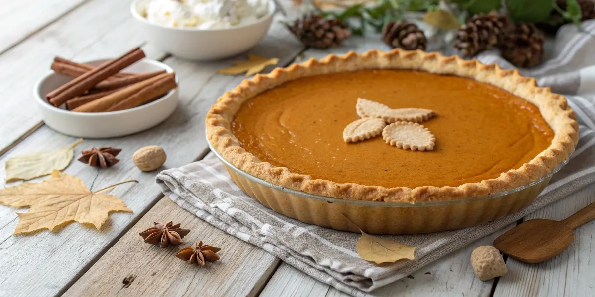 Homemade pumpkin pie cooling on the counter with freezer bags and wrapping materials nearby