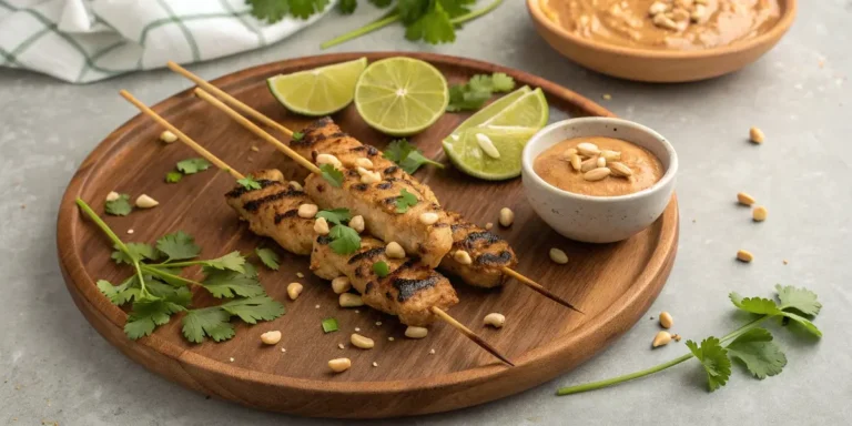 Grilled chicken satay skewers with peanut sauce, lime wedges, and fresh herbs – Chicken Satay Recipe
