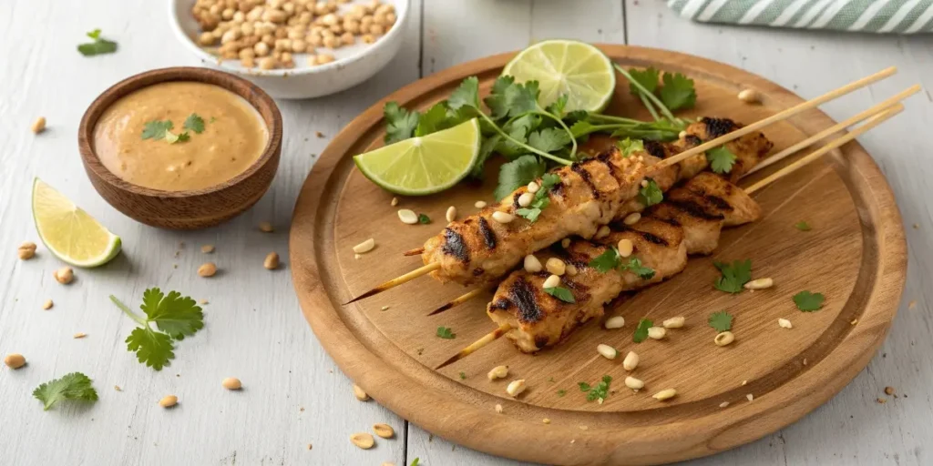 Close-up of homemade chicken satay recipe on skewers topped with crushed peanuts and drizzled peanut sauce