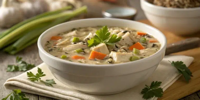 Creamy Chicken and Wild Rice Soup served in a rustic white bowl with fresh parsley garnish