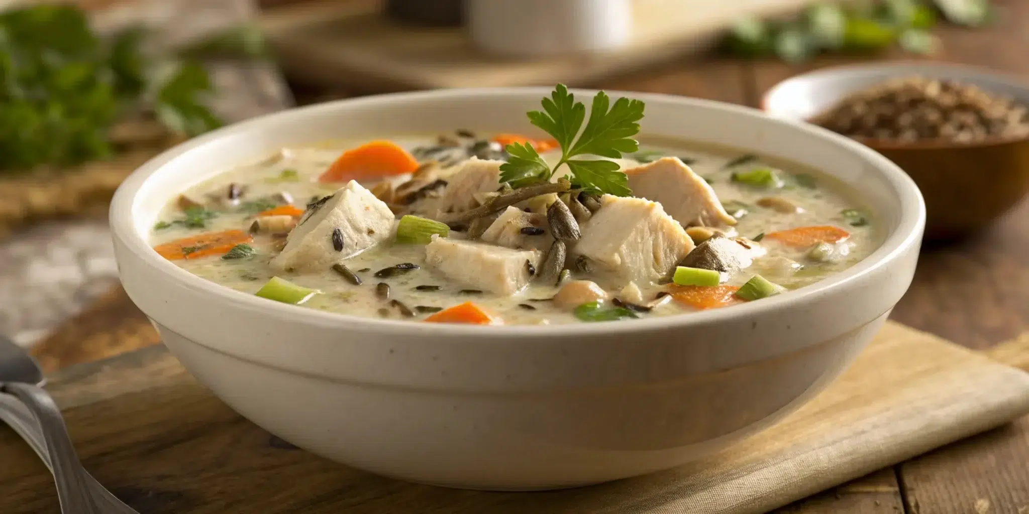 Homemade creamy chicken soup with wild rice and vegetables in a wooden bowl on wooden table
