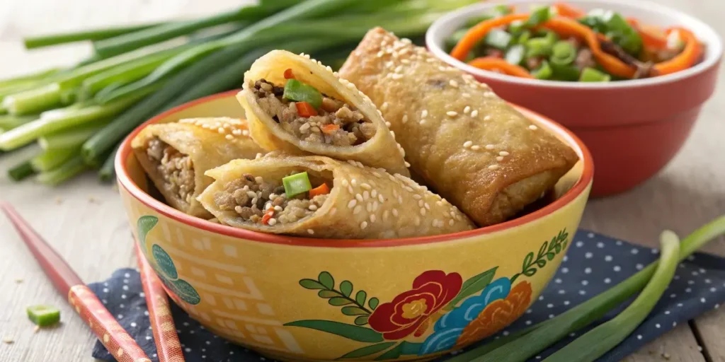 Colorful egg roll in a bowl recipe with green onions and sesame seeds garnish