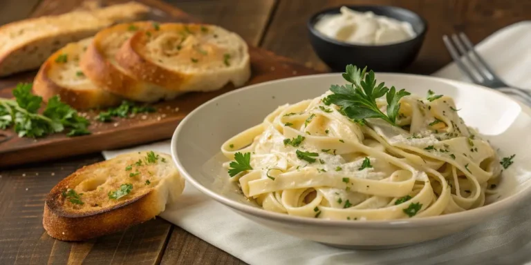 Plate of creamy Fettuccine Alfredo pasta garnished with fresh parsley and grated Parmesan cheese