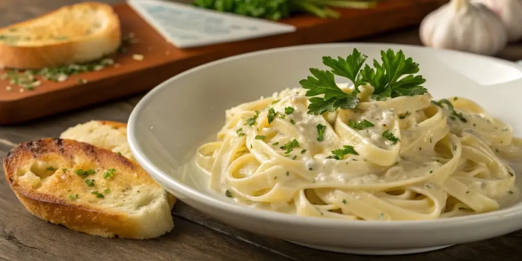 Plate of creamy Fettuccine Alfredo Recipe topped with parsley and parmesan cheese on a rustic wooden table