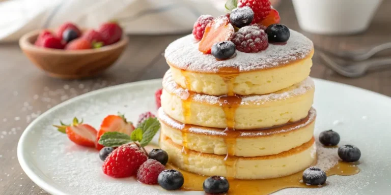 Golden Fluffy Japanese Pancakes with Berries and Syrup