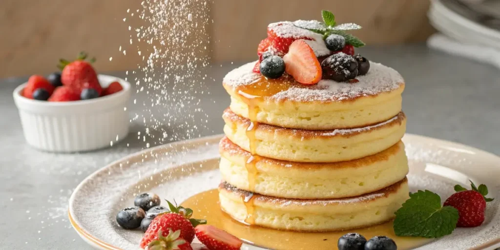 Close-up of Japanese fluffy pancake cut in half showing soft texture, served with syrup