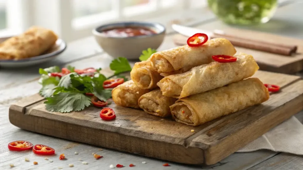 Crispy chicken spring rolls with savory filling, fresh herbs, and dipping sauce for an irresistible bite.