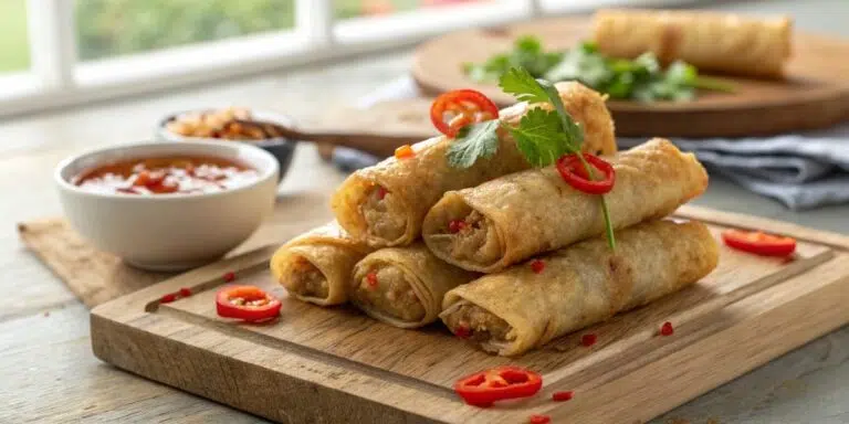 Close-up of golden chicken spring rolls sliced in half revealing juicy filling, served on ceramic plate with fresh herbs and dipping sauce